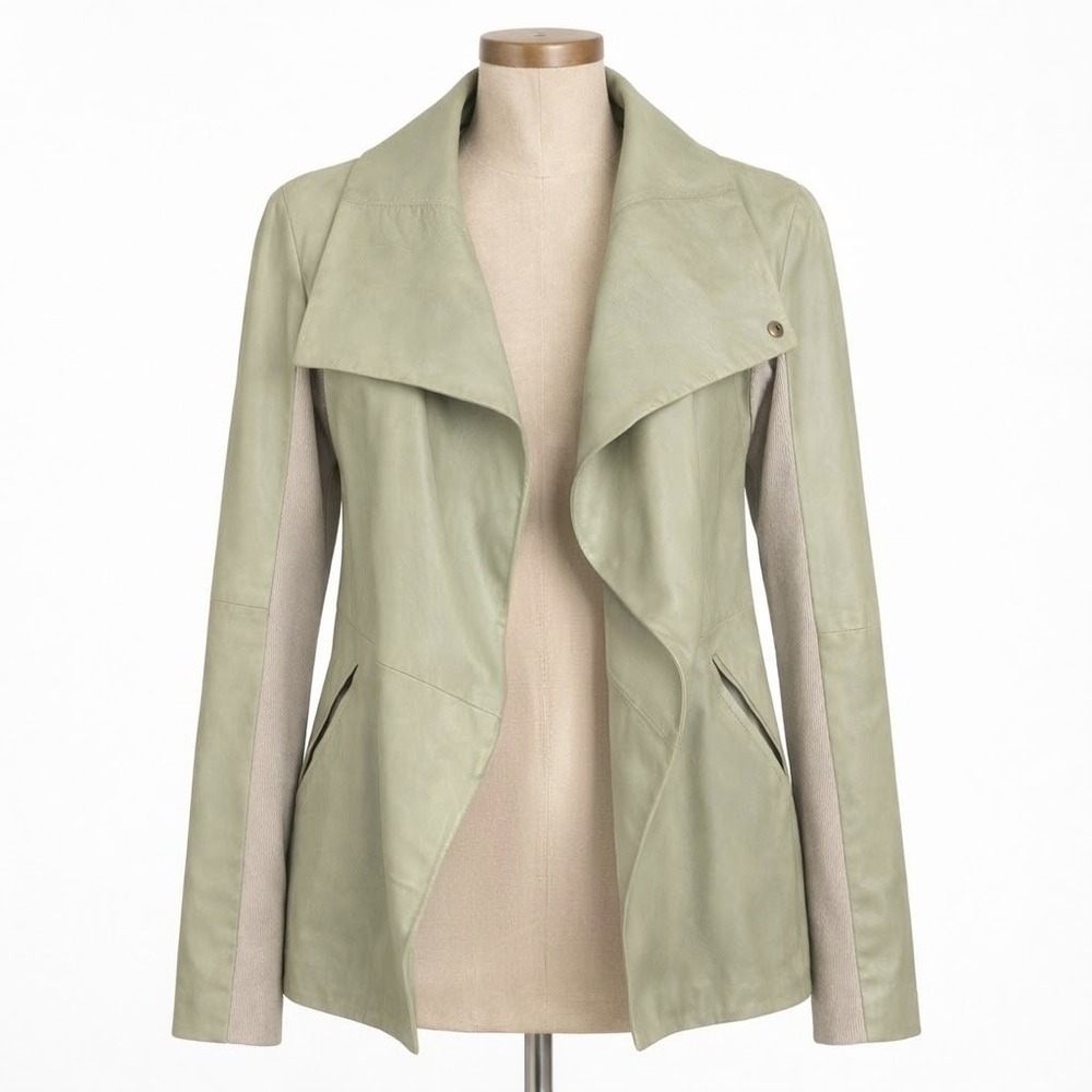 Veda Womens Lamb Leather Open Front Moto Jacket Size M Pastel Green‎ Boho Indie